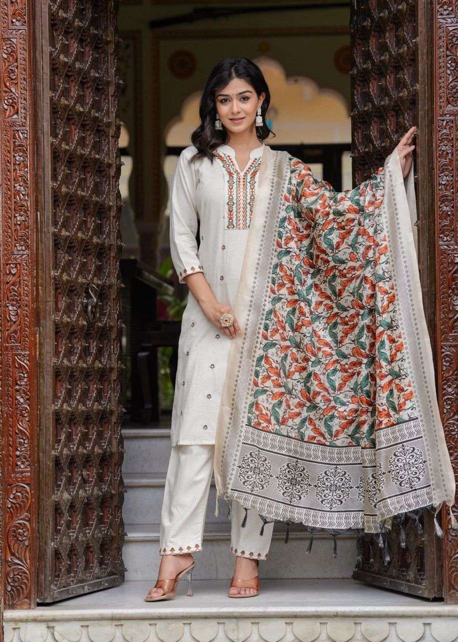 Women's Cotton Embroidered Straight Kurti With Pant and Dupatta Set - Image 3