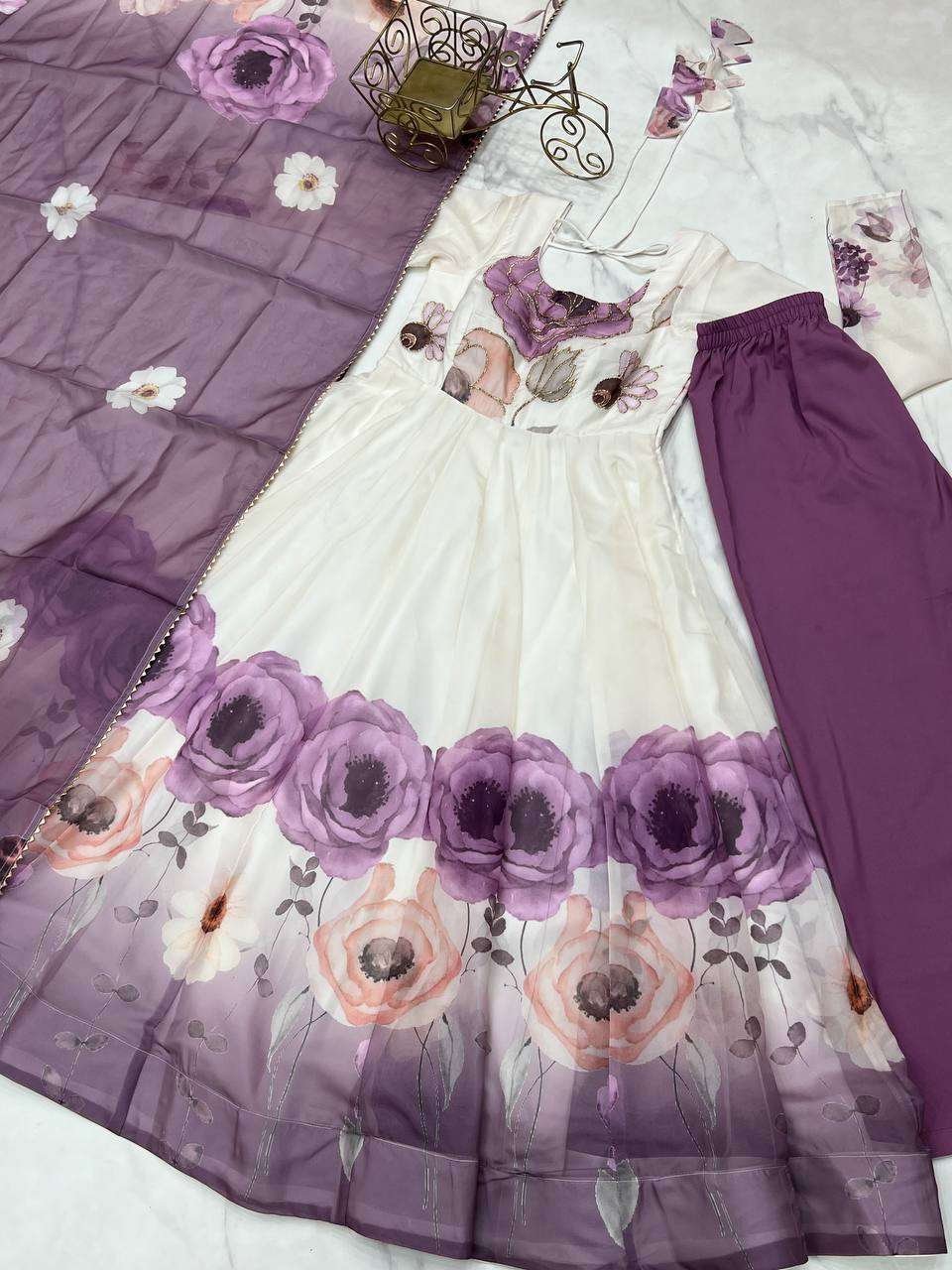 Womens Pure Romansilk Chanderi Floral Printed Anarkali Kurti With Dupatta & Pant Set - Image 3