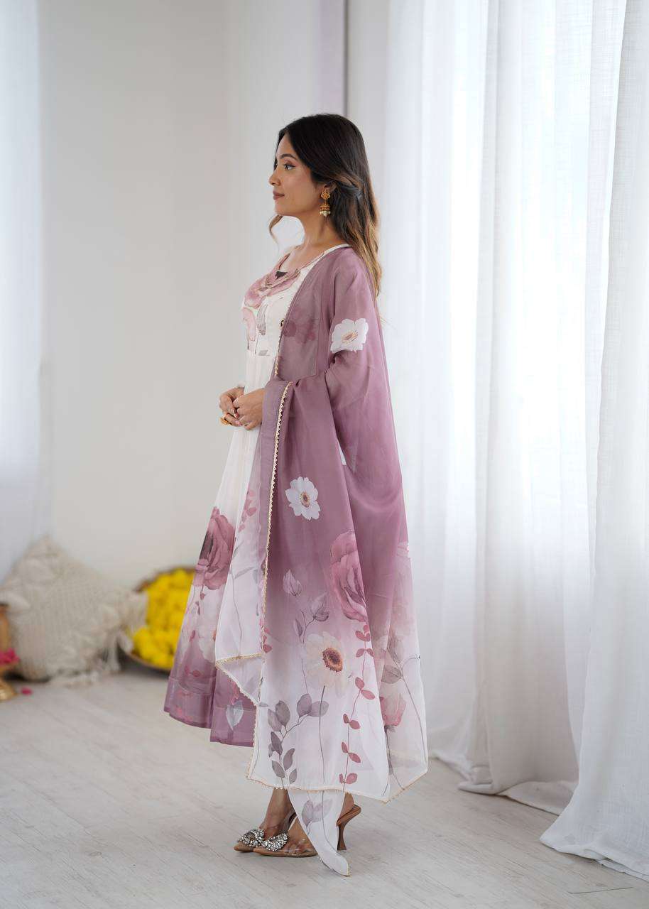 Womens Pure Romansilk Chanderi Floral Printed Anarkali Kurti With Dupatta & Pant Set - Image 8