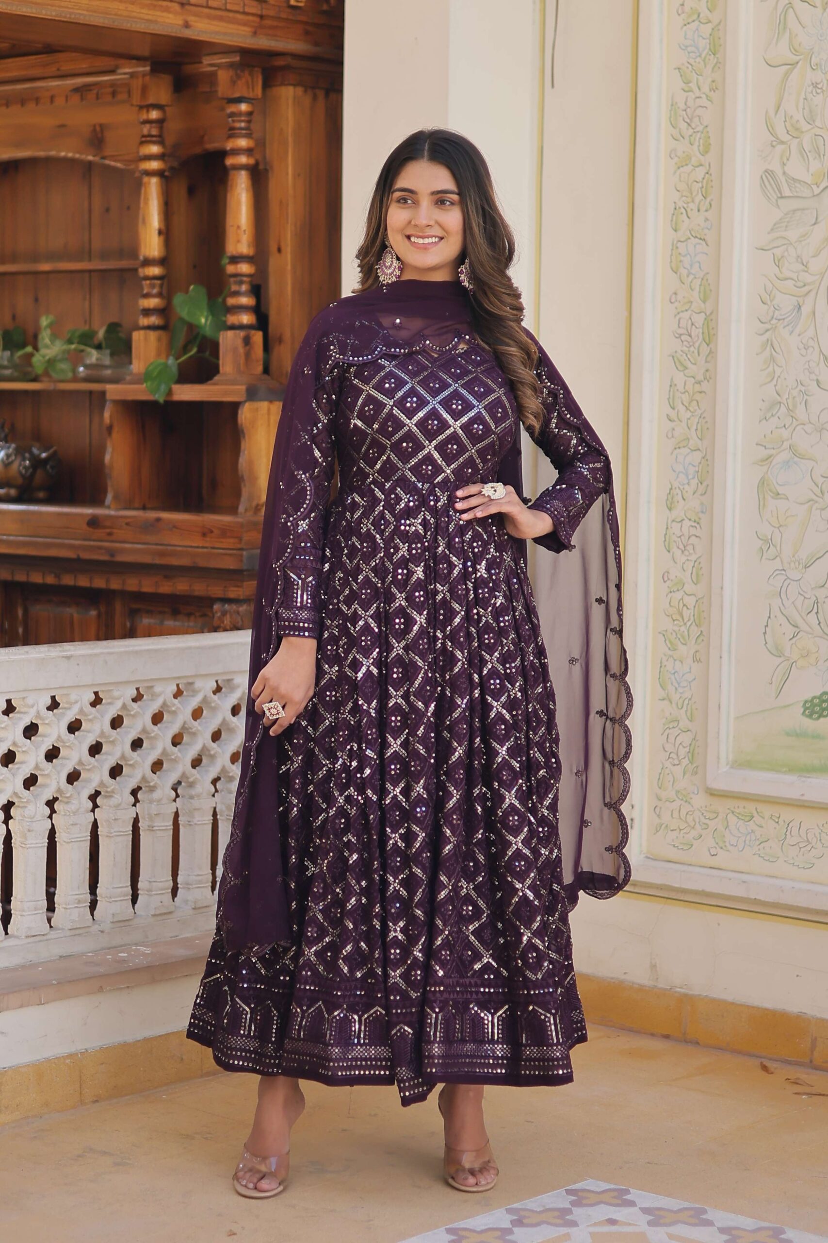 Wine Faux Blooming Designer Gown with Sequined Dupatta ? Elegant Fully Flared Party & Wedding Set - Image 6