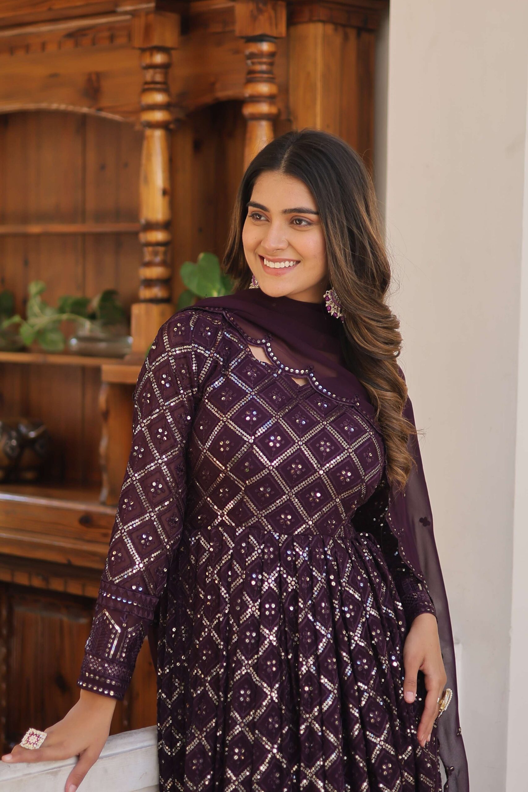 Wine Faux Blooming Designer Gown with Sequined Dupatta ? Elegant Fully Flared Party & Wedding Set - Image 7