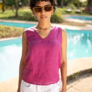 Women's Cotton Solid V Neck Sleeveless 2 Piece Outfit Loose Tank Top and Wide Leg Palazzo Pants Sets cord set ( Purple White )