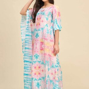 Women's Cotton Tie Dye Print Flowing Bell Sleeves Full Length Kaftan Drees Casual Beach Wear ( Multicolor1 )