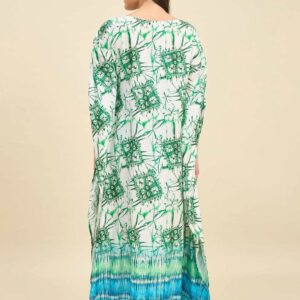 Women's Cotton Tie Dye Print Flowing Bell Sleeves Full Length Kaftan Drees Casual Beach Wear ( Green White )