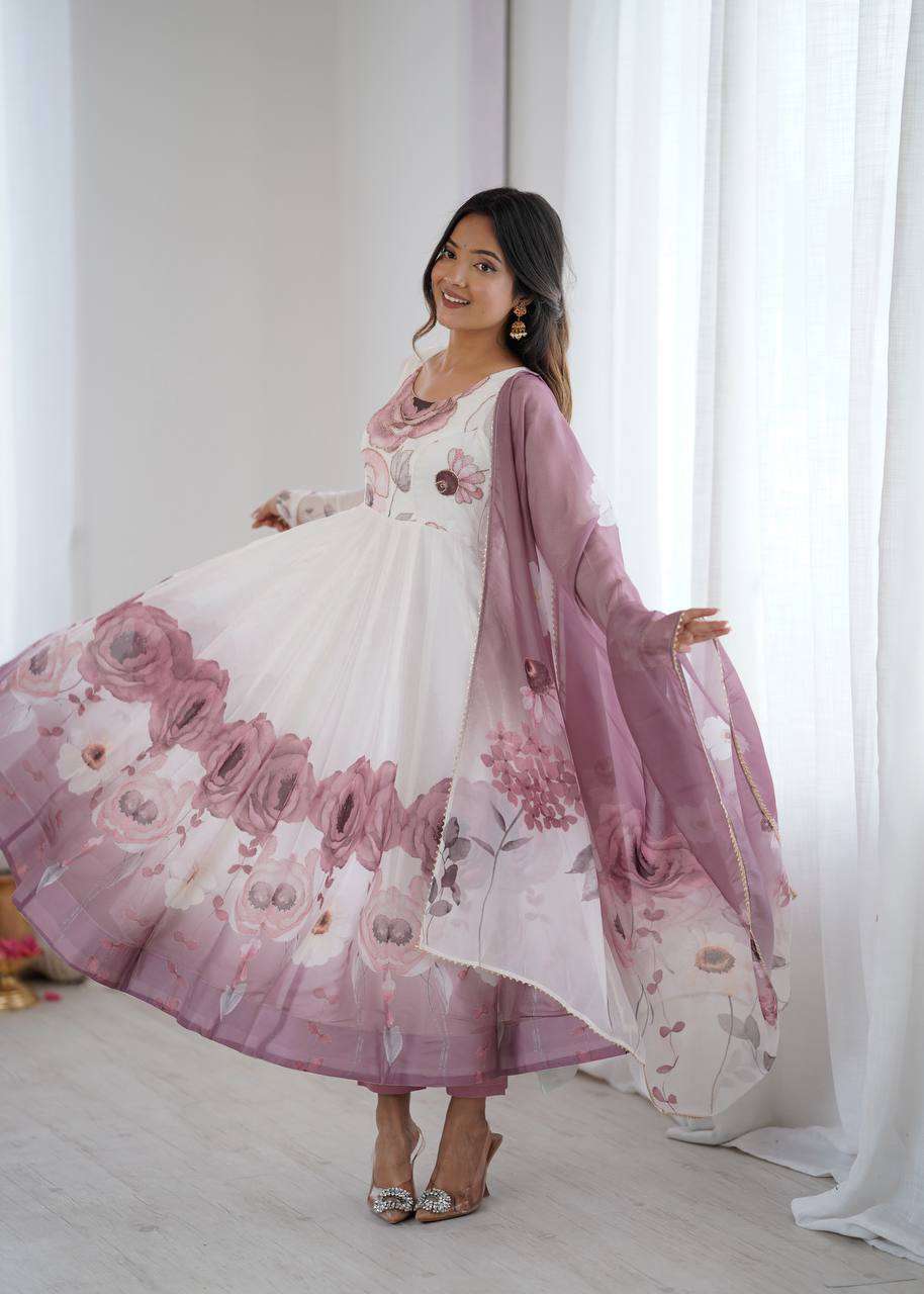 Womens Pure Romansilk Chanderi Floral Printed Anarkali Kurti With Dupatta & Pant Set - Image 6