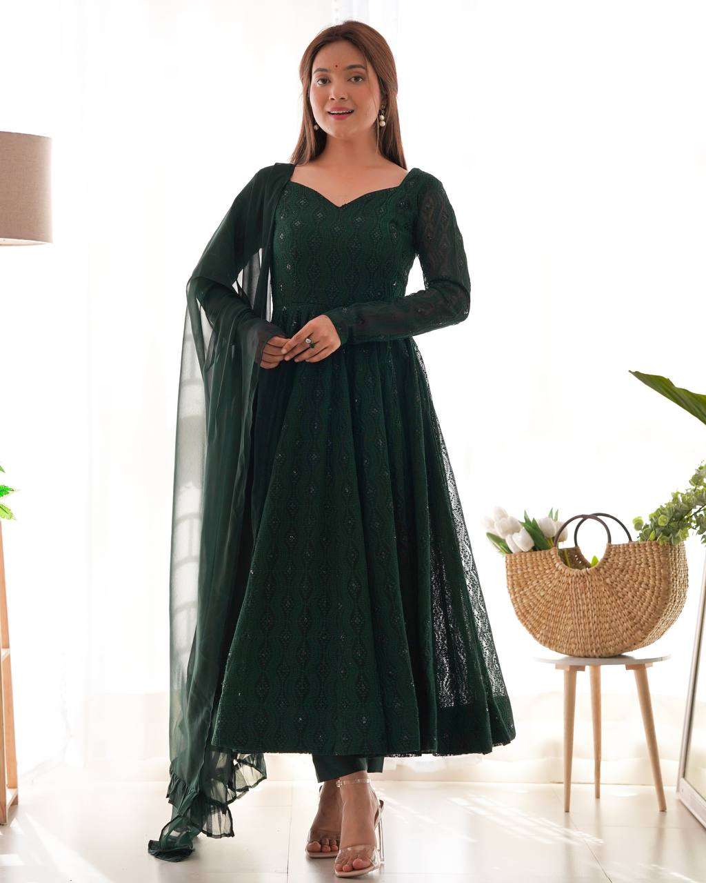 Womens Pure Romansilk Chanderi Embroidered Anarkali Kurti With Dupatta & Pant Set - Image 3