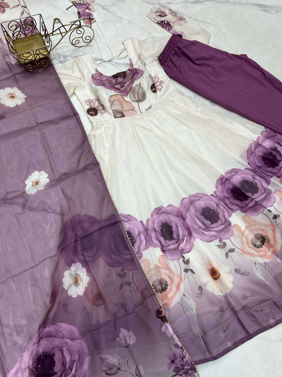 Womens Pure Romansilk Chanderi Floral Printed Anarkali Kurti With Dupatta & Pant Set - Image 2