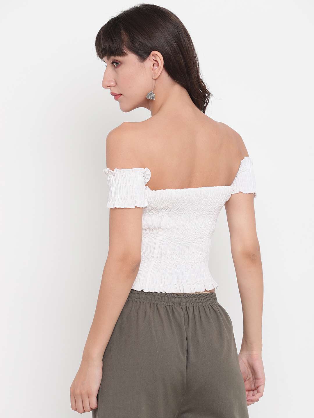 Women's Rayon Solid Off-Shoulder Smocked Crop Top Short Sleeve Casual Styles Tank Top (FREE SIZE) Multi30 - Image 3